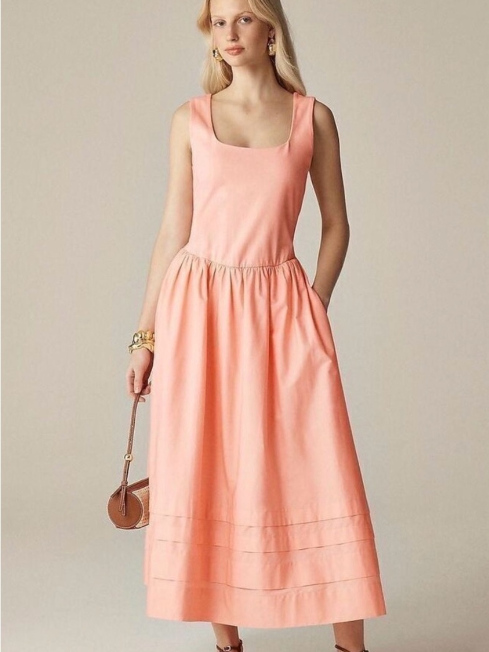 J. Crew Coral-Peach Sleeveless Square-Neck Maxi Dress
